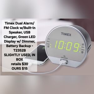 Timex Dual Alarm/ FM Clock w/Built-in Speaker, USB Charger, Green LED Display w/